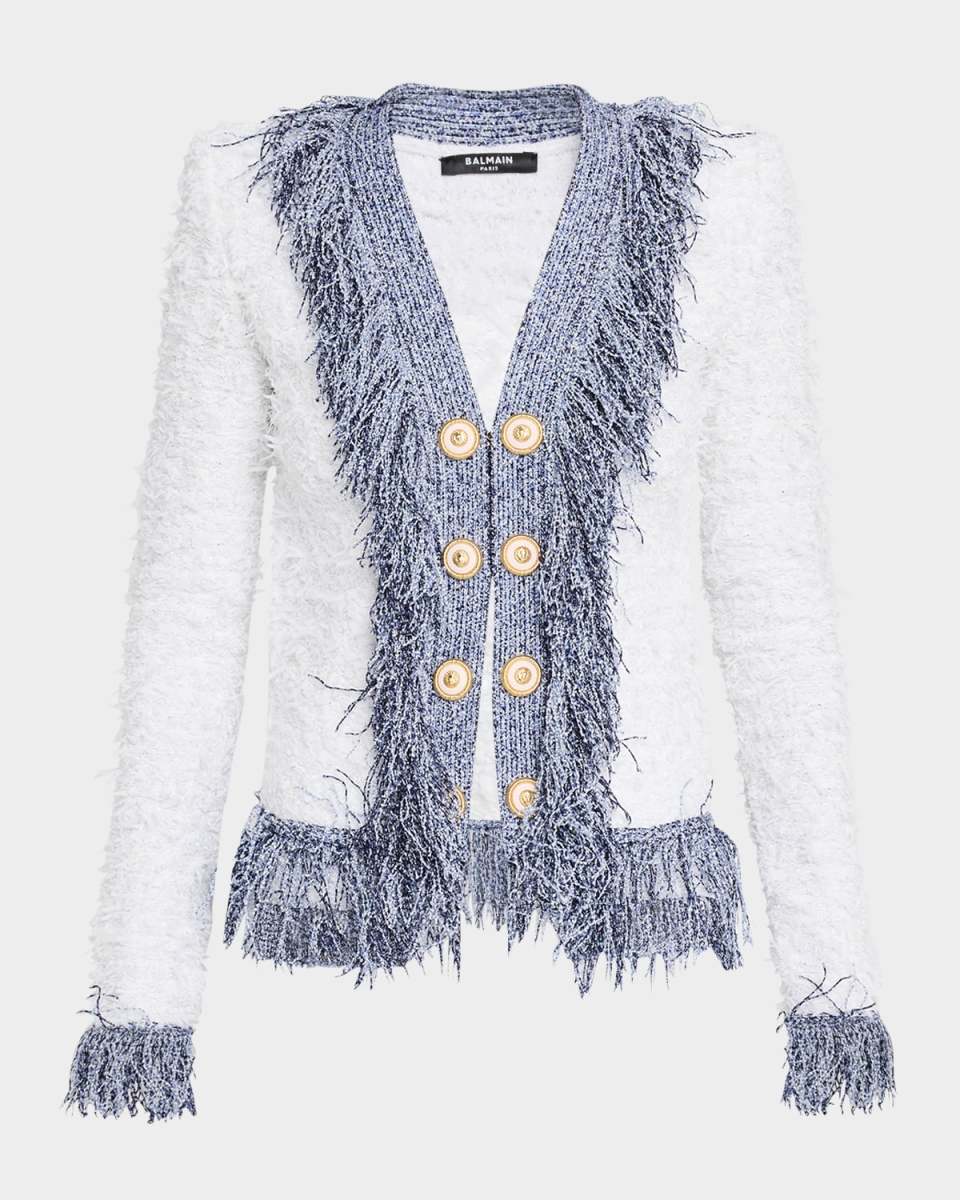 Collarless Metallic Fringed Tweed Jacket